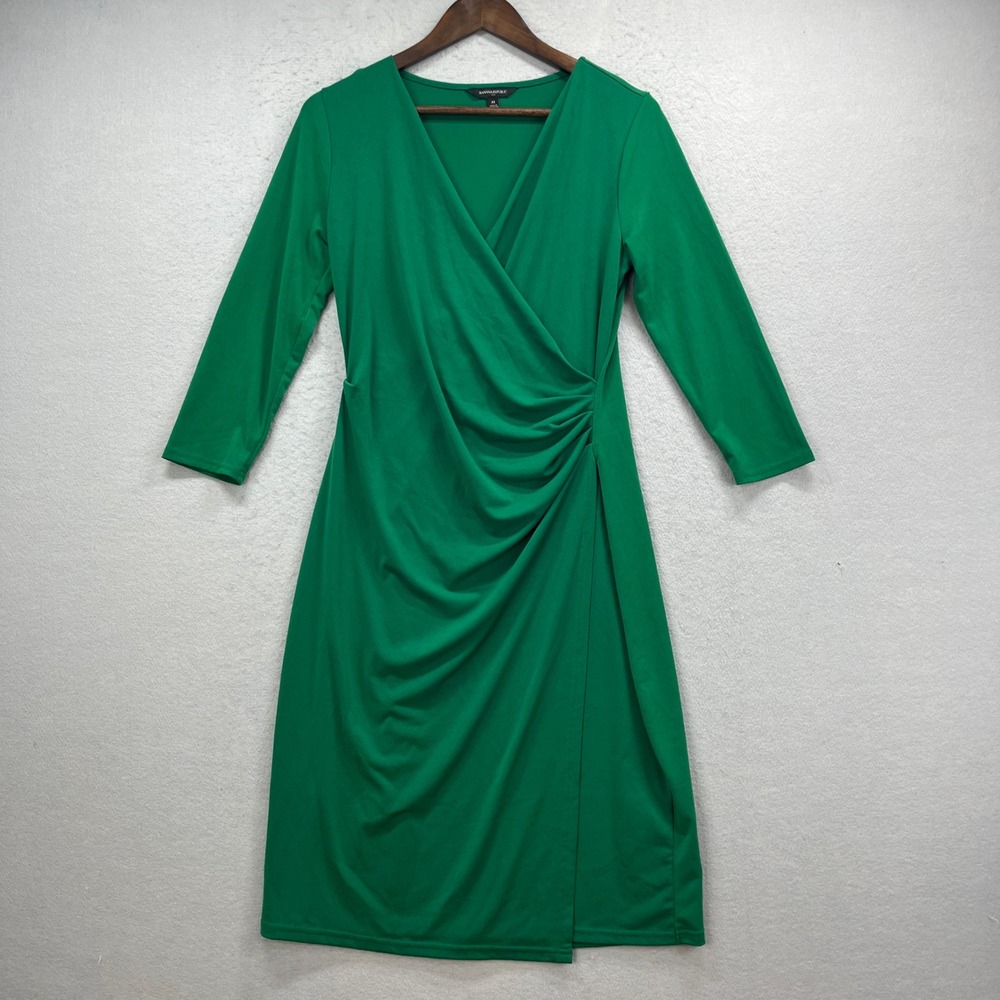 Banana Republic Dress Womens M Green Faux Wrap Ruched Cocktail Minimalist Chic